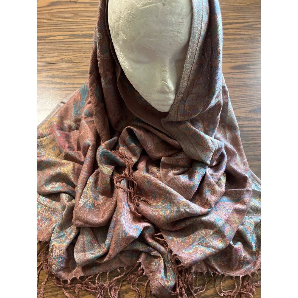 Mauve blue paisley blanket scarf with fringe